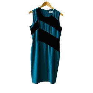 Calvin Klein Teal Black Colorblock Sleeveless Sheath Dress Size M Medium